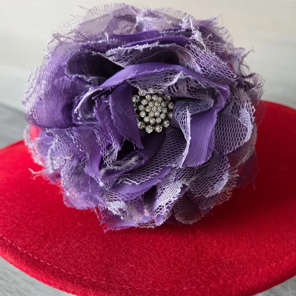 Bollman Red Hat Society Wool Felt‎ Women Purple Flower Satin Bow Derby USA Made